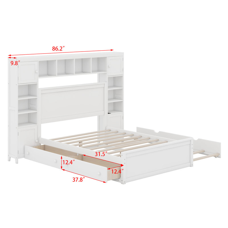 Wooden Bed With All-In-One Cabinet,Shelf And Sockets,Trundle, White