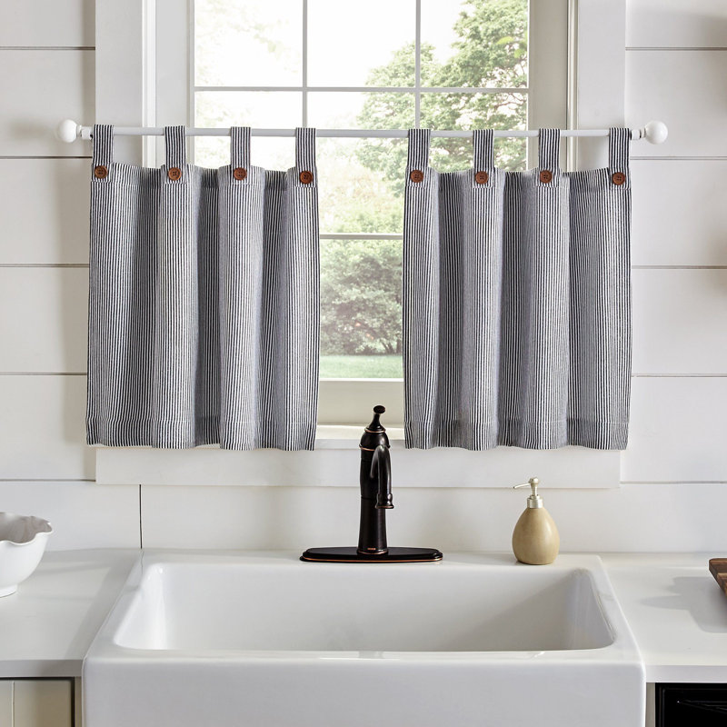 Liviana Cotton Striped Tailored Kitchen Curtain, 30" W x 36" L, Black