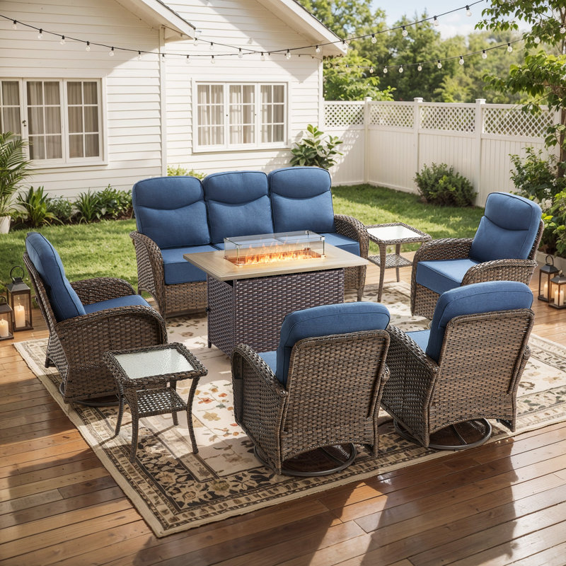 8 Piece Wicker Patio Furniture Set With 6" Thick Cushion - Outdoor Swivel Rocker Chairs Set With 3 Seat Sofa And Fire Pit Table, Patio Conversation Sets Proch Furniture For Balcony Deck