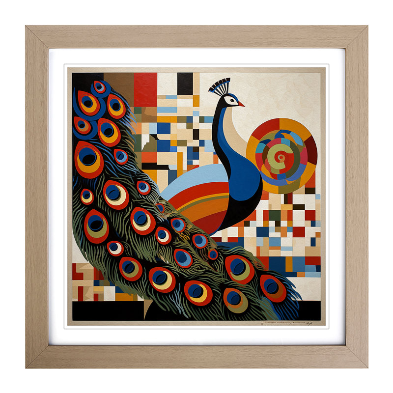 Peacock Constructivism No.6 - Single Picture Frame Print on Wood, Oak