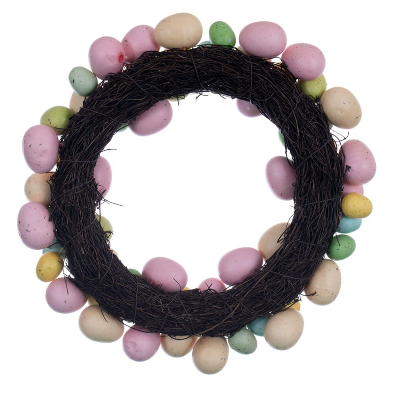 13" Artificial Pastel Easter Egg Wreath on a grapevine base.