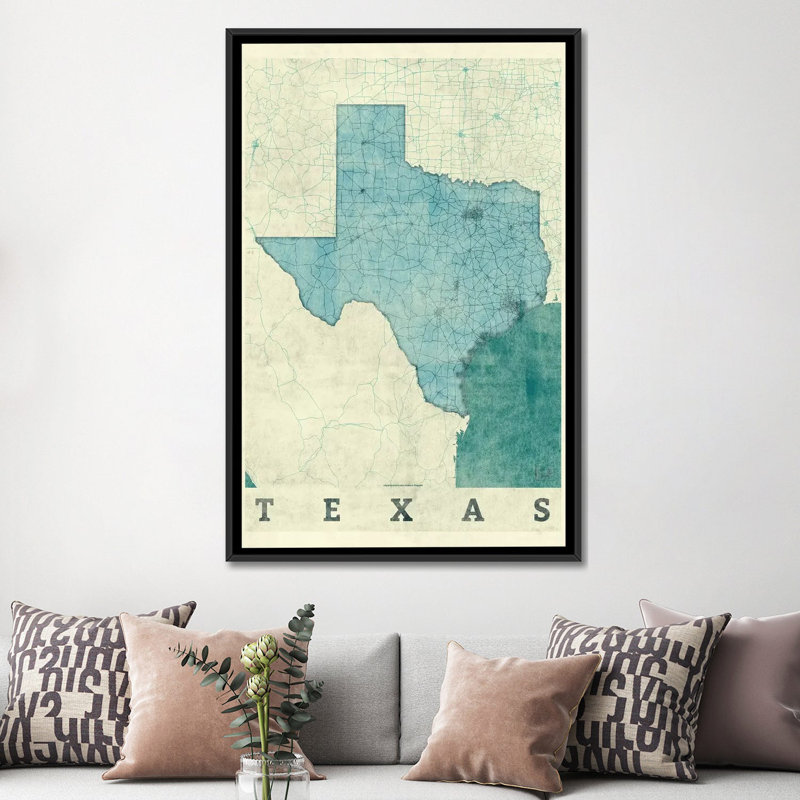 «Texas Map», impression sur toile, H 26 po x l 18 po x P 1,5 po, Toile avec cadre noir, Pas de tapis