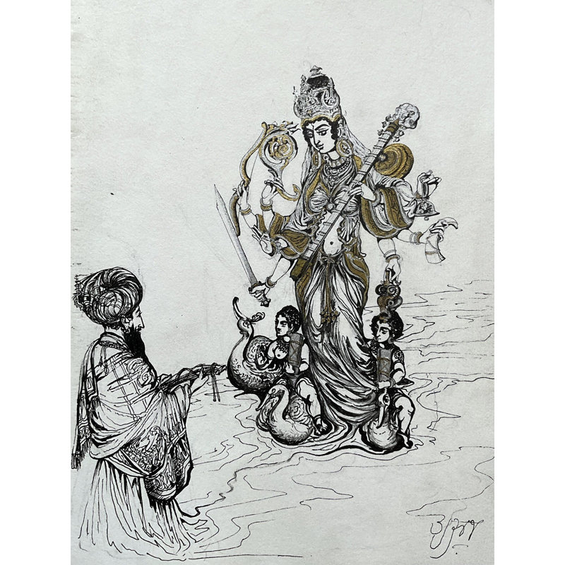 Dévote priant la déesse Saraswati sur un cygne | Croquis à l'encre | Anuj Shastrakar