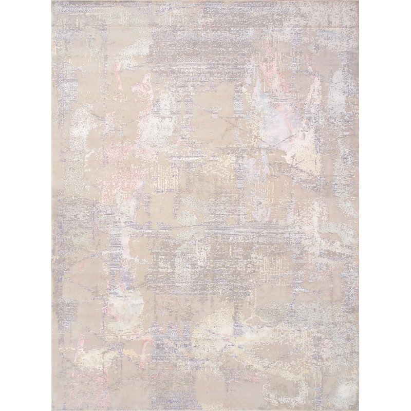 Tapis rectangulaire en laine / soie noué à la main beige / gris / rose, Rectangle 12 pi x 15 pi 4 po