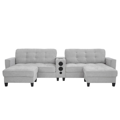 Modern Sectional Sofa 126" U-Shaped Sectional Sofa Modular Sectional Couch With Movable Storage Ottomans, Multifunctional Console, Bluetooth Speakers And LED Lights For Living Room, Light Grey