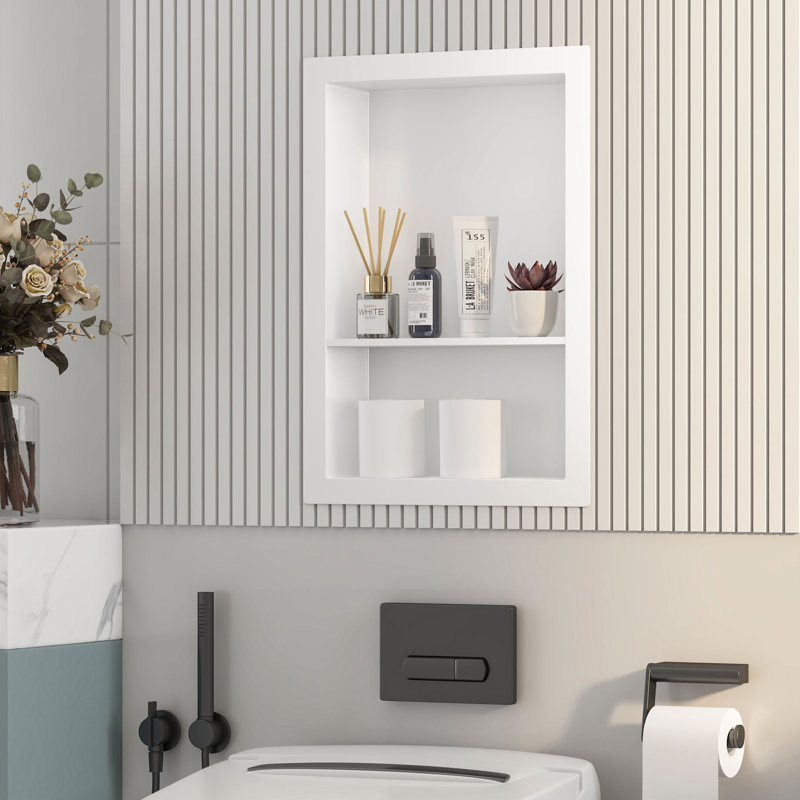 Wall Niche Double Shelf Recessed Metal Cabinet, White, No, 19.8" H x 13.9" W x 3.9" D