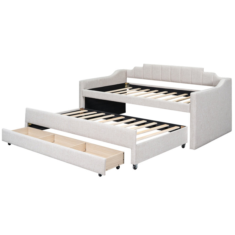 Lit de jour simple avec lit gigogne et tiroirs en beige - lit pratique moderne pour le rangement pratique