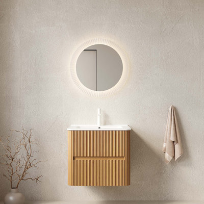 Meuble-lavabo mural flottant avec contreplaqué rayé et 2 tiroirs
