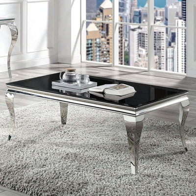 Table basse contemporaine noire et argentée avec pieds en métal en verre trempé pour le salon en acier inoxydable de style rectangulaire
