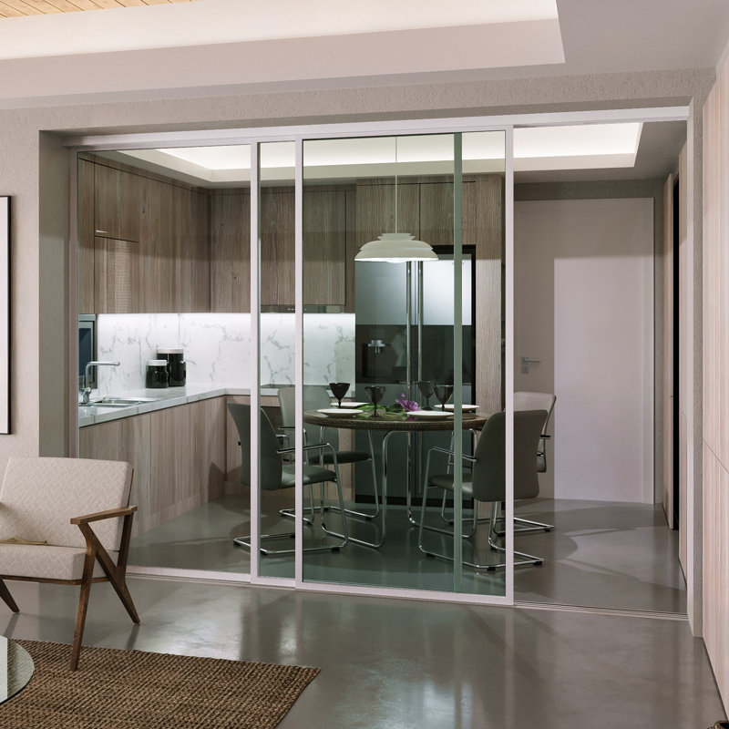 Cloison 4 panneaux coulissants en verre transparent - structure en aluminium avec technologie Silent Glide, 96 po x 80 po
