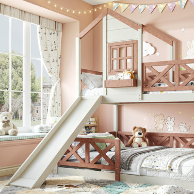 Structure de lit superposé avec glissade House, lit superposé en bois avec barrière de sécurité en forme de X, fenêtre et espace de rangement