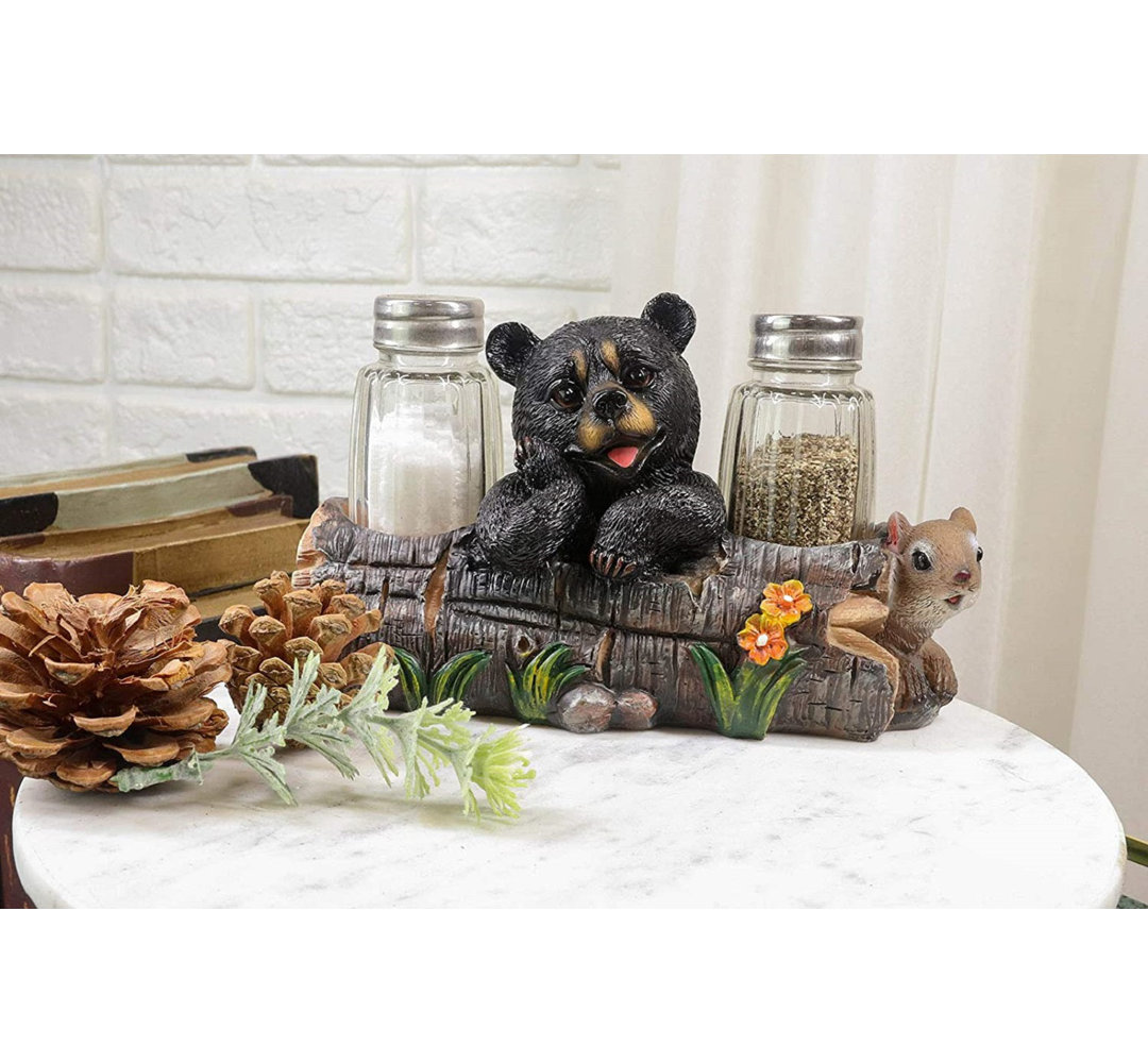 Joriel Black Baby Bear Cub Sitting In Log With Squirrel Salt And Pepper Shakers Holder Statue 6.75"Long Cabin Lodge Whimsical Bear Dining Table Centerpiece Trinx