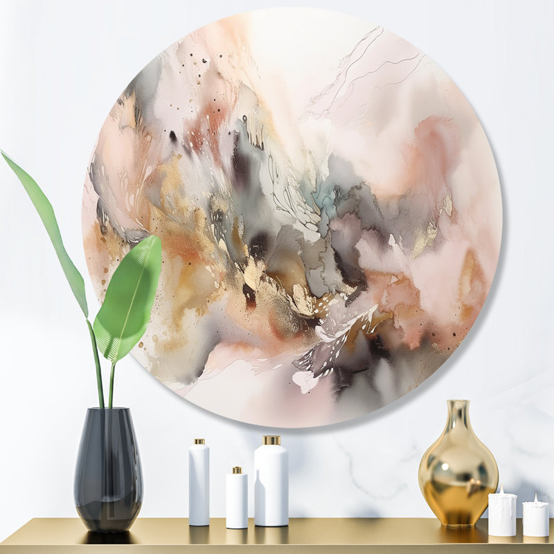 Gris délicat et délicat, coups de pinceau abstraits - art abstrait rond en marbre sur métal, H 16 po x l 16 po x P 1 po