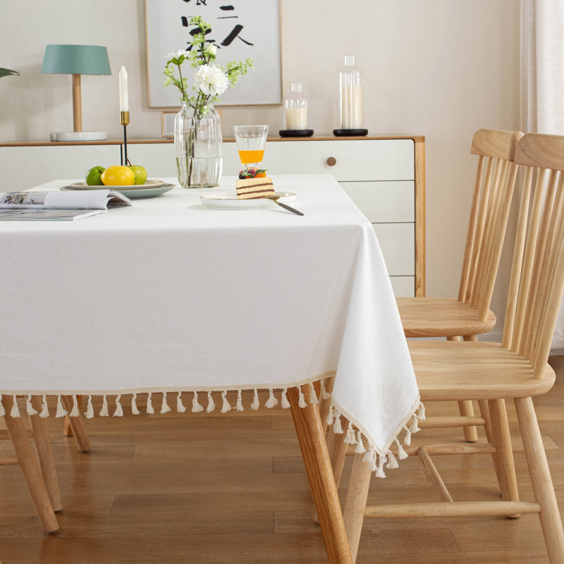 High Quality Washable Cotton Wrinkle Free Tablecloth With Tassel, 86" L x 55" W, White