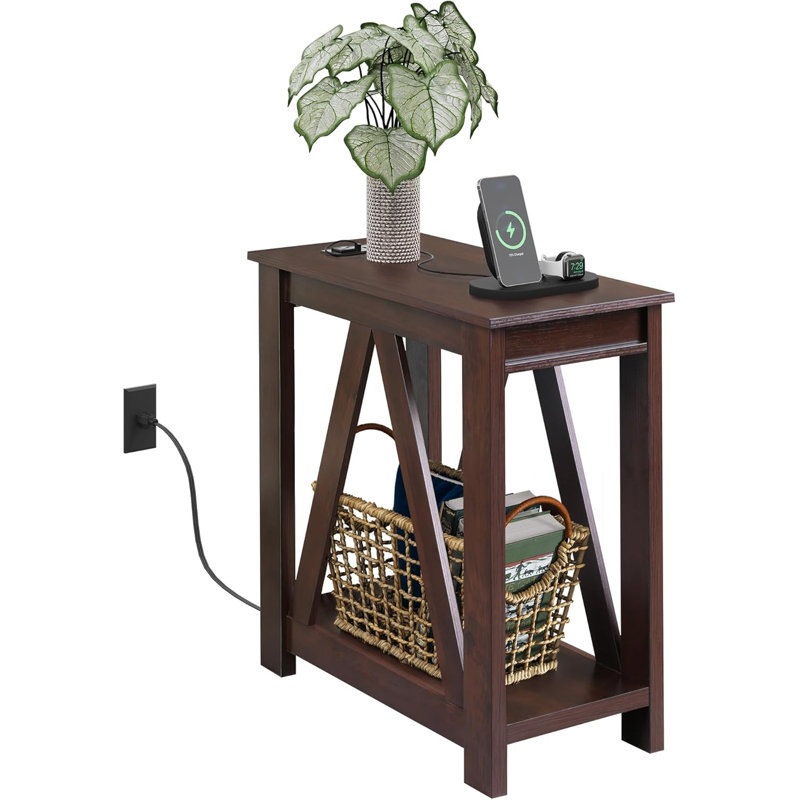 Narrow End Table With Charging Station And Storage Shelf,Farmhouse Slim Sofa Side Table With 2 USB Ports And 2 Power Outlets