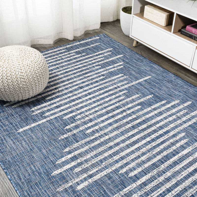 Grundy Berber Stripe Geometric Blue/Ivory Indoor/Outdoor Rug, Rectangle 10' x 14'