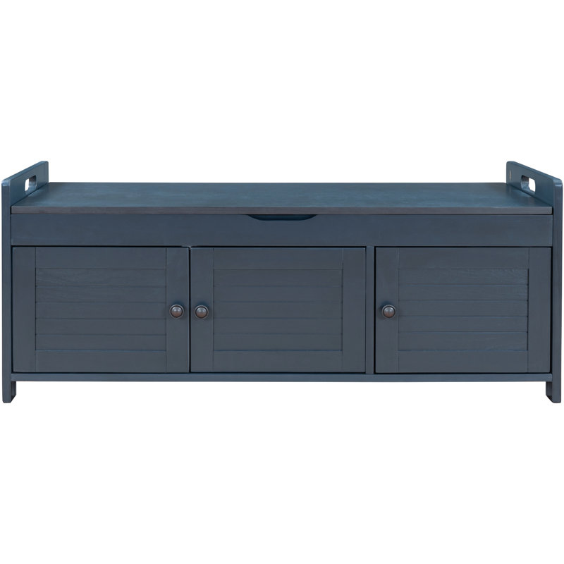 Banc de rangement avec 3 portes en forme de volet, banc à chaussures avec coussin amovible et espace de rangement caché, Navy