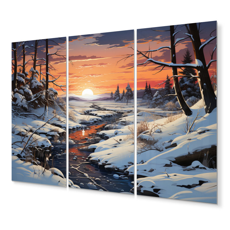 Paysage d'hiver rivière sur toile, 3 pièces, H 28 po x l 36 po x P 1 po, Wrapped Canvas