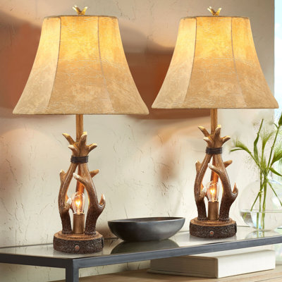 24" Resin Antler Faux Leather USB Table Lamp with 3-Way Dimmable Night Light (Set of 2)