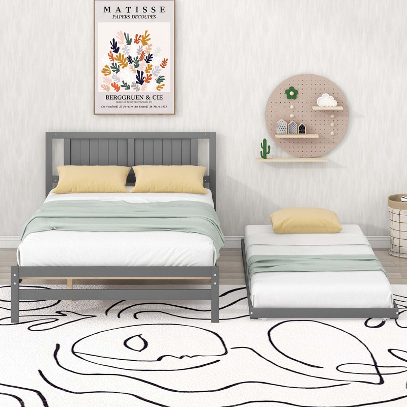 Full Size Platform Bed With Adjustable Trundle, Gray