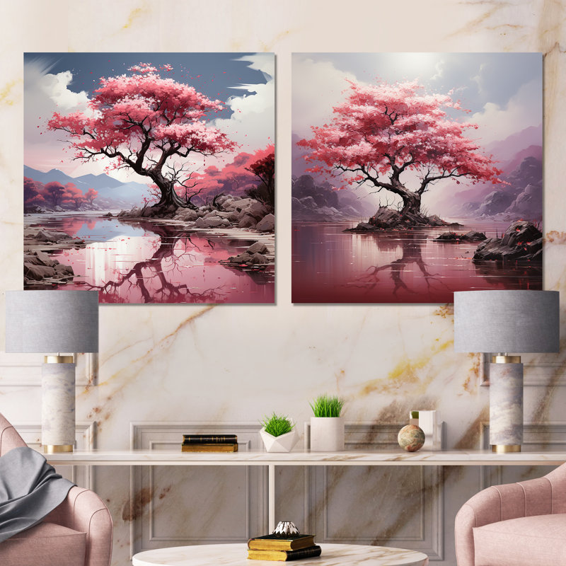 «Pink Cherry Tree Blossoms In River I», ensemble de 2 reproductions d'art sur toile, Toile tendue, H 16 po x l 33 po x P 1 po