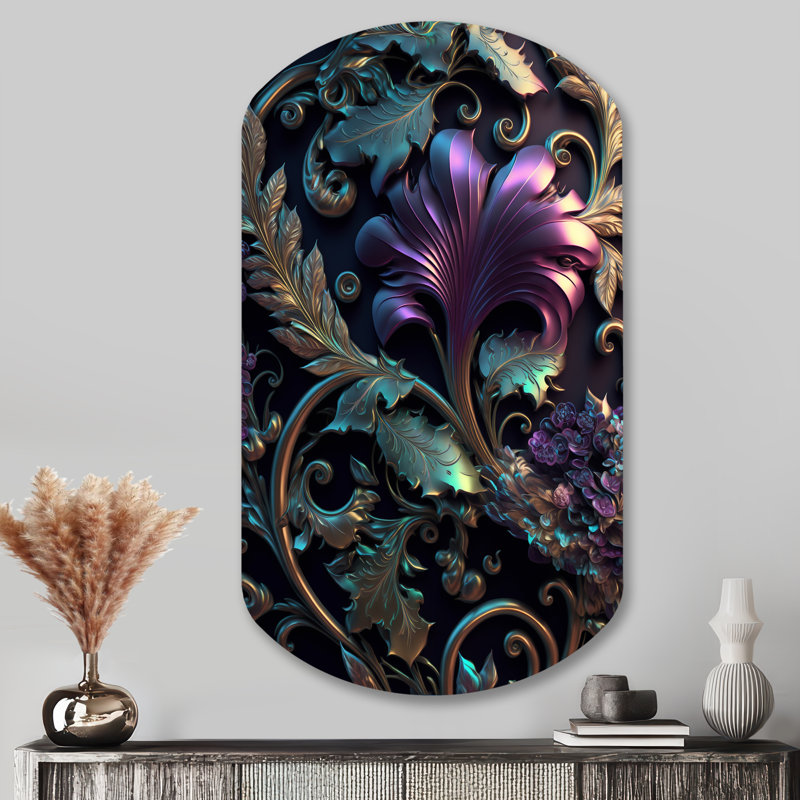 Fleurs abstraites ornées en mauve et or IV - Art floral cylindrique asymétrique en métal, H 43 po x l 23 po