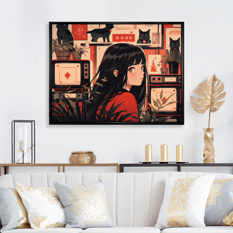 Personnage féminin d'anime III sur toile, Cadre flottant noir, H 16 po x l 32 po x P 1 po