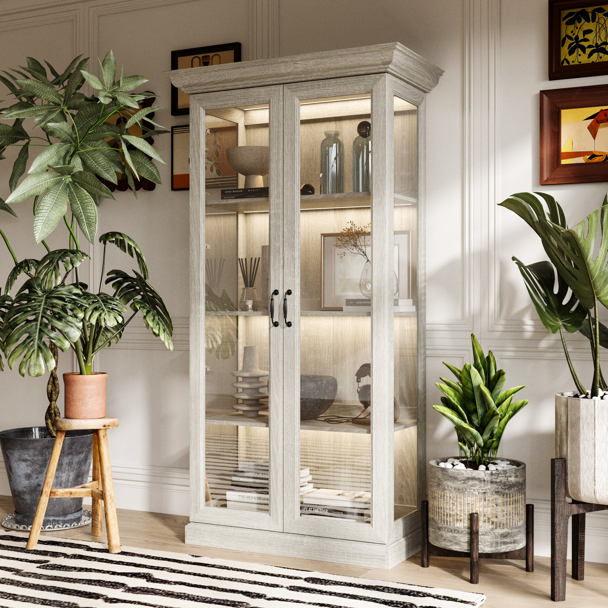 Ebern Designs Modern Lighted China Cabinet With Tempered Glass Doors ...