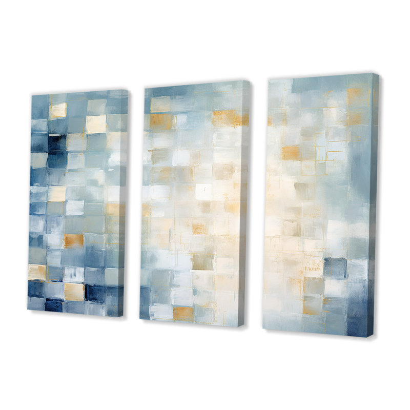 Carrés cubiques bleus apaisants - ensemble d'art mural abstrait, Toile tendue, H 28 po x l 36 po x P 1 po