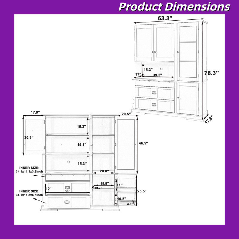 63.3X17.8X78.3Inch Freestanding Buffet With Hutch, Kitchen Pantry Storage Cabinet, Blue