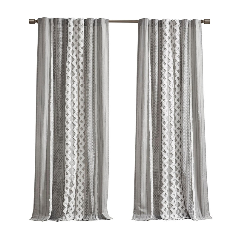 Panneau de rideau en coton 50 po avec rayures et doublure en chenille, Gris, L 50 po x L 84 po
