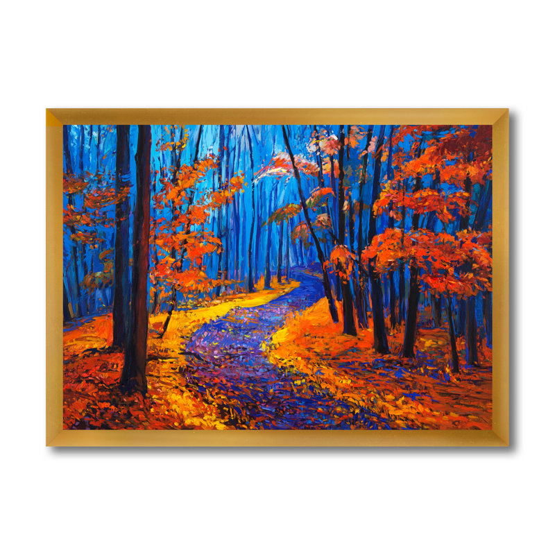 «Little Road Through Orange Autumn Landscape I», peinture sur toile, H 30 po x l 40 po x 1,5 po, Cadre doré