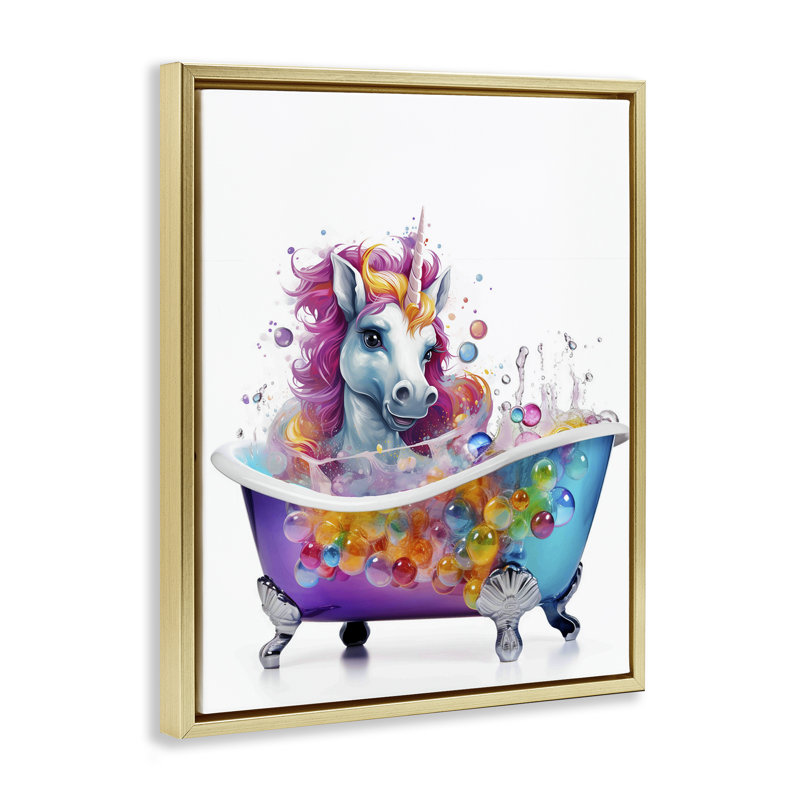 "Rainbow Bubbles", licorne grise, encadrée par Mary Cunningham, H 31 po x l 25 po, Cadre flottant métallique doré