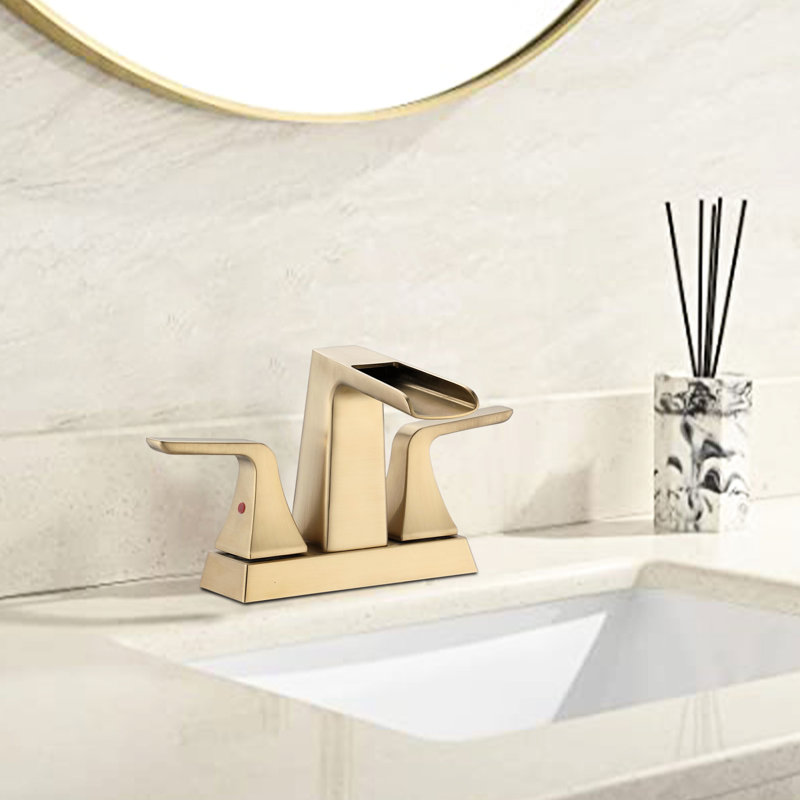 Two Handle Brushed Golden Bathroom Sink Faucet With 4 Inch Waterfall - Solid Brass Build For Durability And Stability Adjustable Water Temperature Double Handles Ceramic Cartridge Fits 2/3 4-Inch In
