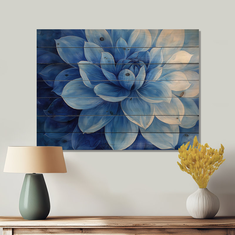 White On Velvet Blue Dahlia Bloom I - Dahlia Wood Wall Art - On Natural Pine Wood, 10" H x 20" W x 0.78" D