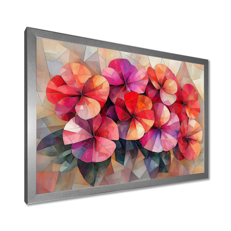 «Geanium Geranium Blossoms Cubist - Geraniums», art mural, Argent argent, H 34 po x l 44 po, Picture Framed
