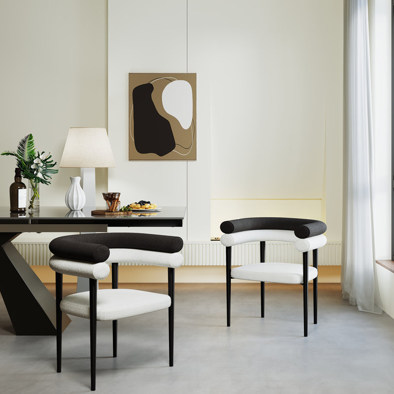 Modern Two-Tone Boucle Fabric Upholstered Dining Chair With Black Metal Legs