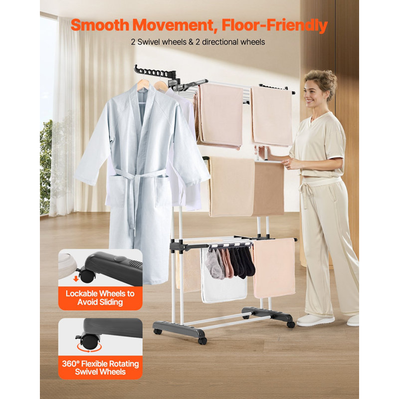 Séchoir à vêtements, séchoir à linge pliable à 4 niveaux, supports de séchage en métal avec 24 tiges de séchage, support autoportant et portable avec 4 roulettes et deux ailes latérales pour une utilisation intérieure et extérieure
