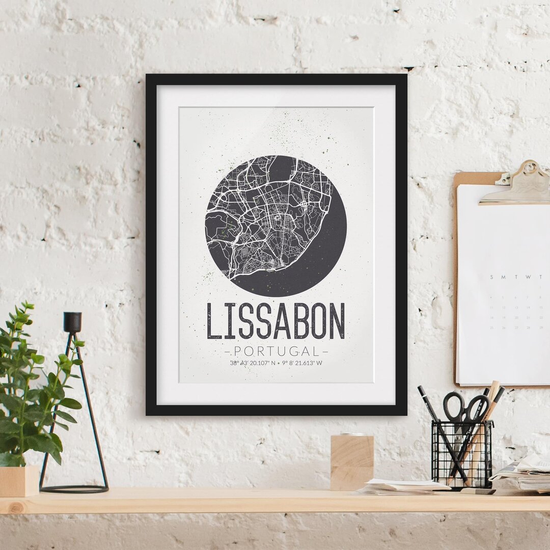 Gerahmtes Papierbild Stadtplan Lissabon - Retro