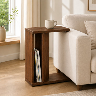 2-in-1 C-Shaped End Table & Side Table, Solid Rubberwood Side Table with Storage Shelf, Small End Table for Sofa Couch, Mid-Century Narrow Nightstand