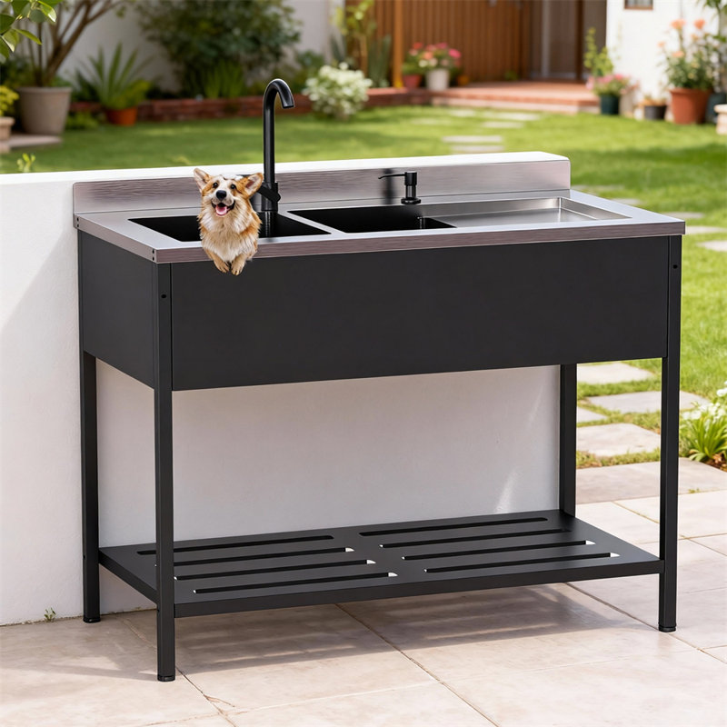 47.5 In.Heavy-Duty Freestanding Stainless Steel Double Bowl Utility Sink With Faucet