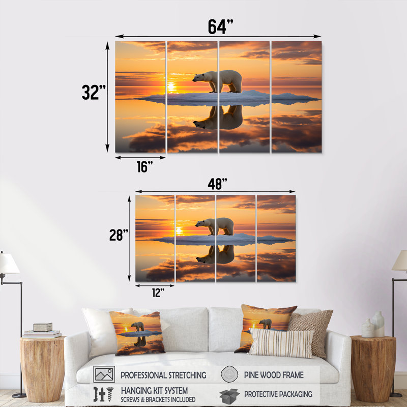 Ours polaire sur l'iceberg, coucher de soleil rose - ensemble d'œuvres d'art animalier 4 pièces, H 28 po x l 48 po