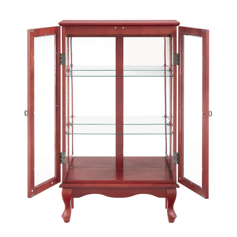 Dyisha Cherry 2-Door Lighted Curio Cabinet w/ Glass Doors, Mirrored Back, Adjustable Shelves, Cherry