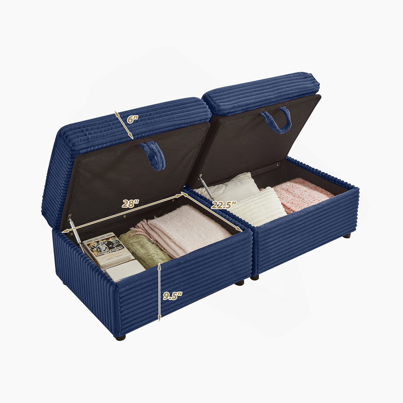Comfortable Fluffy Corduroy Lazy Sofa With Storage, Double Ottomans, And Table Board For Ultimate Relaxation, Blue