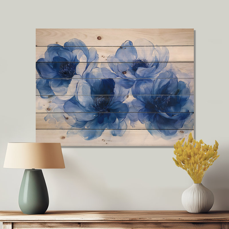 Pivoines bleues et velours bleues - décoration murale en bois de pivoines - sur bois de pin naturel