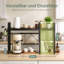 2-Tier Expandable Microwave Shelf, Adjustable Countertop Microwave Stand with Metal Cup Hooks and Wire Basket, Multi-Purpose Kitchen Bakers Rack Organizer