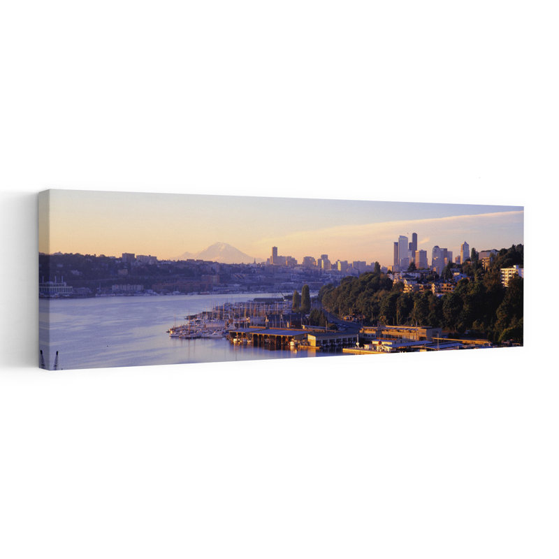 Sunrise Lake Union Seattle Washington State USA 1 Piece Wrapped Canvas Panoramic Wall Art, 40.64 cm H x 121.92 cm W