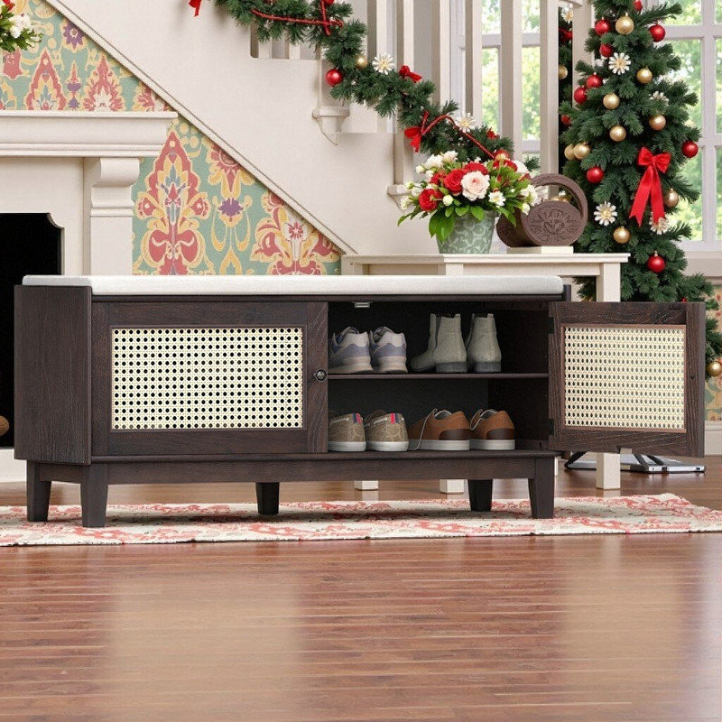 Storage Bench With Rattan Doors, Pine Wood Frame, Removable Cushion, And Adjustable Shelves, Beige,Espresso