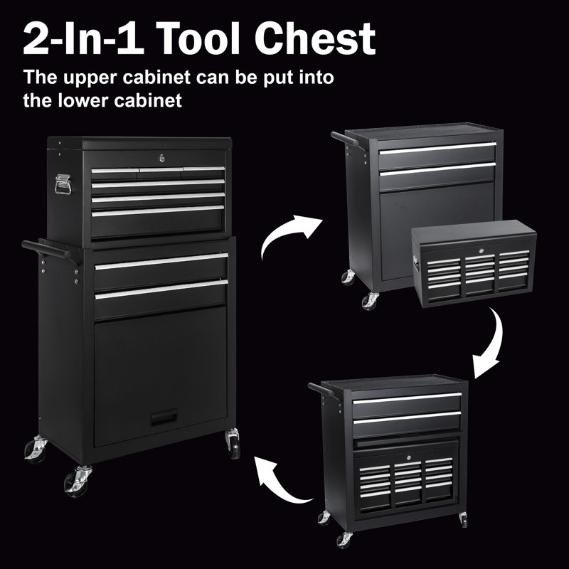 Coffre à outils pour 8 garages, construction en acier robuste, roues verrouillables et crochets latéraux pour armoire de rangement en métal avec 8 tiroirs, plateau amovible, acier