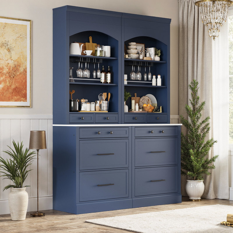 Grand garde-manger 2 pièces avec plateau en faux marbre, 5 tiroirs et tablettes réglables, Bleu